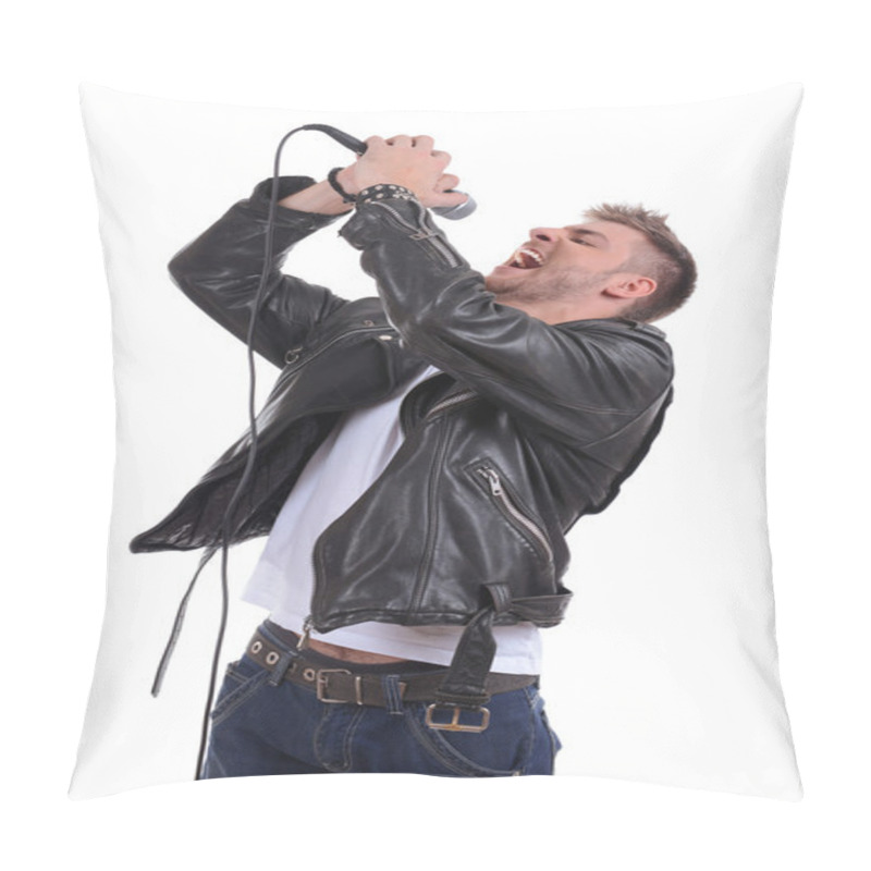 Personality  Young Musician Singing, Isolated On White Pillow Covers