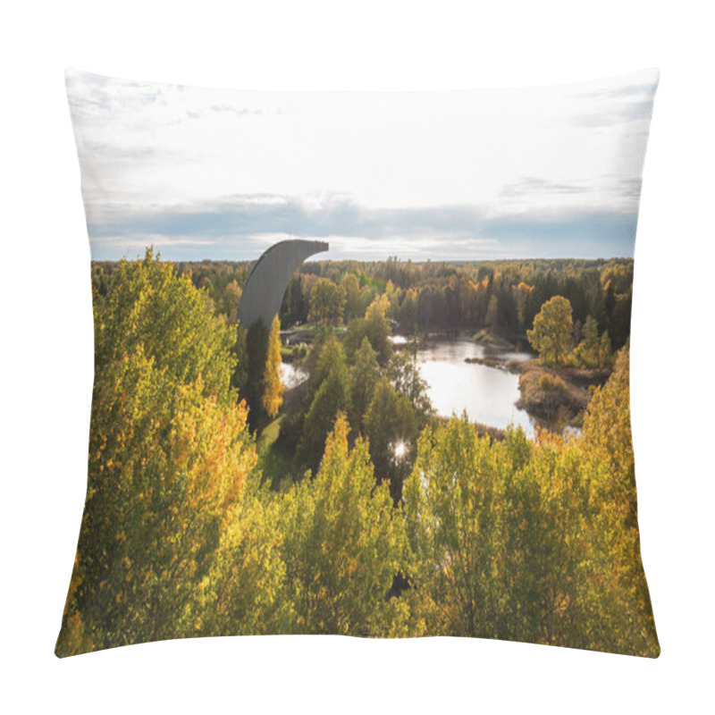 Personality  A Unique Curved Observation Tower Stands In A Lush Forest With Golden And Green Foliage. A Serene Body Of Water Reflects The Sky, Under A Warm Sunset Glow. Pillow Covers