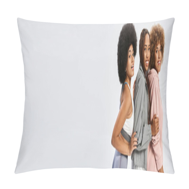 Personality  Happy African American Female Friends In Sportswear Posing On Grey Backdrop, Juneteenth Banner Pillow Covers