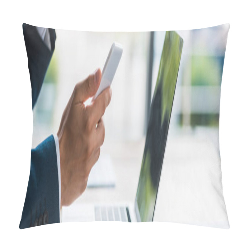 Personality  Panoramic Shot Of Man Holding Smartphone Near Laptop  Pillow Covers