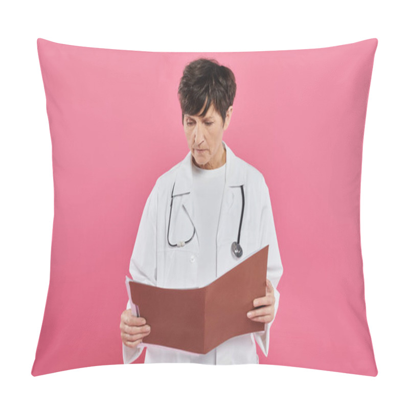 Personality  Middle Aged Oncologist, Female Doctor Looking At Folder, Breast Cancer Awareness Concept, Diagnosis Pillow Covers