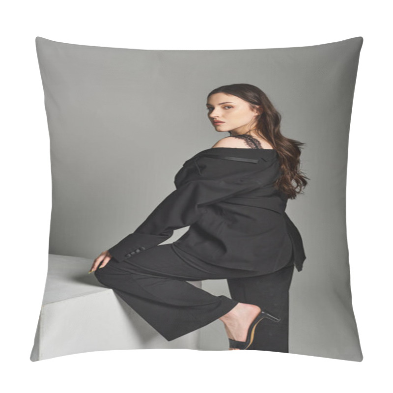 Personality  A Stunning Plus Size Woman Showcasing Her Style In A Black Top And Pants Against A Gray Backdrop. Pillow Covers