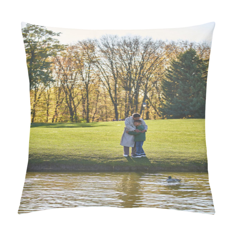 Personality  Joyful African American Mother And Son Hugging Near Lake, Ducks, Woman And Boy In Outerwear, Nature Pillow Covers