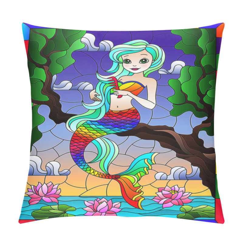 Personality  Illustration In Stained Glass Style With Cute Cartoon Mermaid ,sitting On A Tree Branch On A Background Of Water And Sky, In Bright Frame Pillow Covers