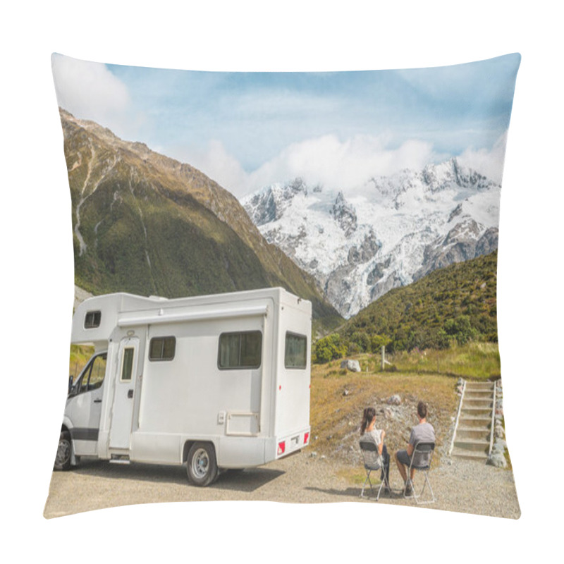 Personality  Motorhome Camper Van RV Road Trip On New Zealand. Couple On Travel Vacation Adventure. Tourists Looking At View Of Aoraki Mount Cook National Park And Mountains On Pit Stop Next To Their Rental Car Pillow Covers