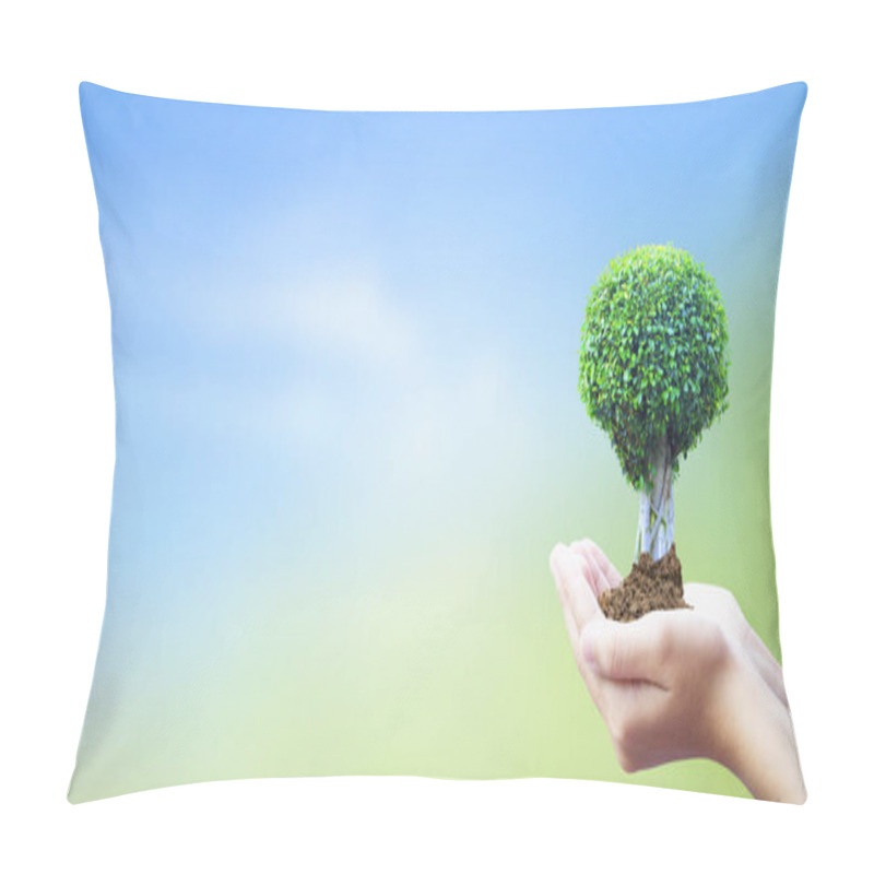 Personality  World Environment Day Concept:  Hands Holding Big Tree Over  Sky Background Pillow Covers