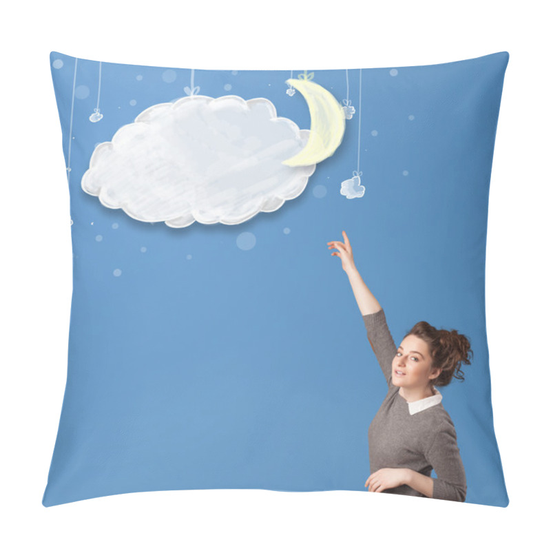 Personality  Young Girl Looking At Cartoon Night Clouds With Moon Pillow Covers