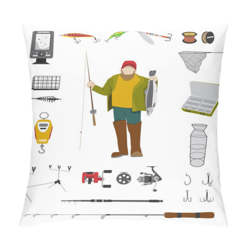 Personality  Fisherman And Fishing Tackle Flat Icon Set Pillow Covers