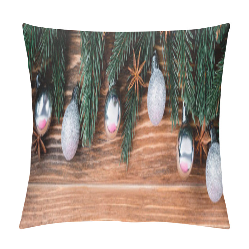 Personality  Top View Of Christmas Balls, Pine Branches And Anise Stars On Brown Wooden Background, Banner Pillow Covers