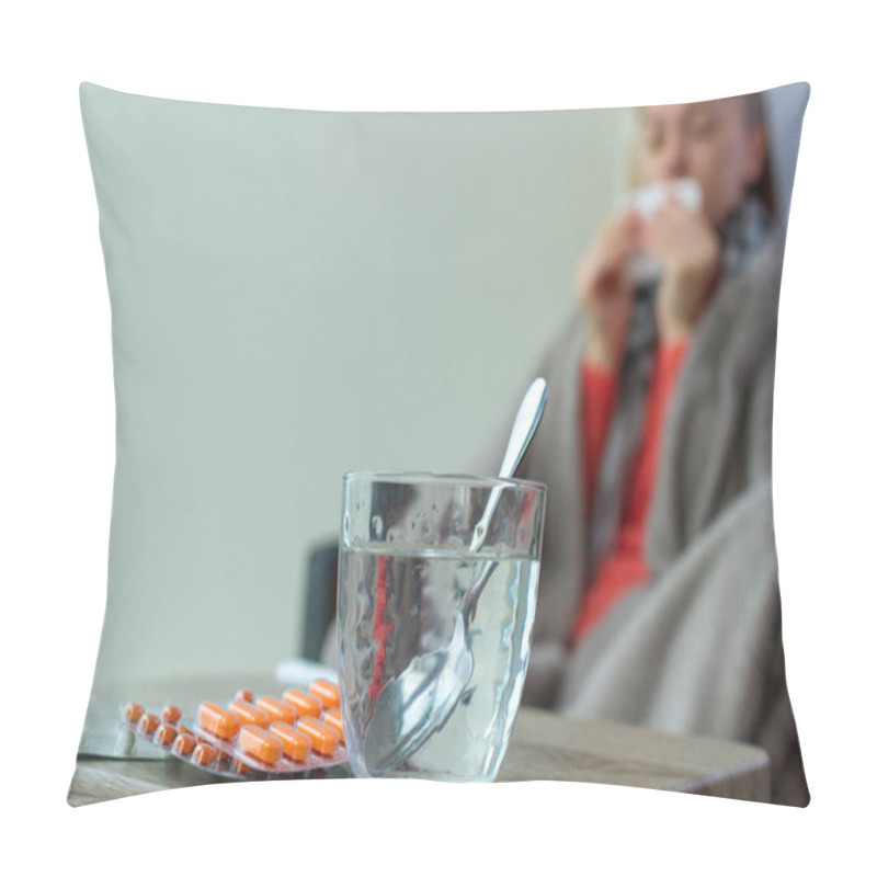 Personality  A Young Woman Fell Ill, Caught A Cold, Feels Fever, Nasal Congestion, Sore Throat. Cold And Flu Treatment. Weakened Immunity Pillow Covers