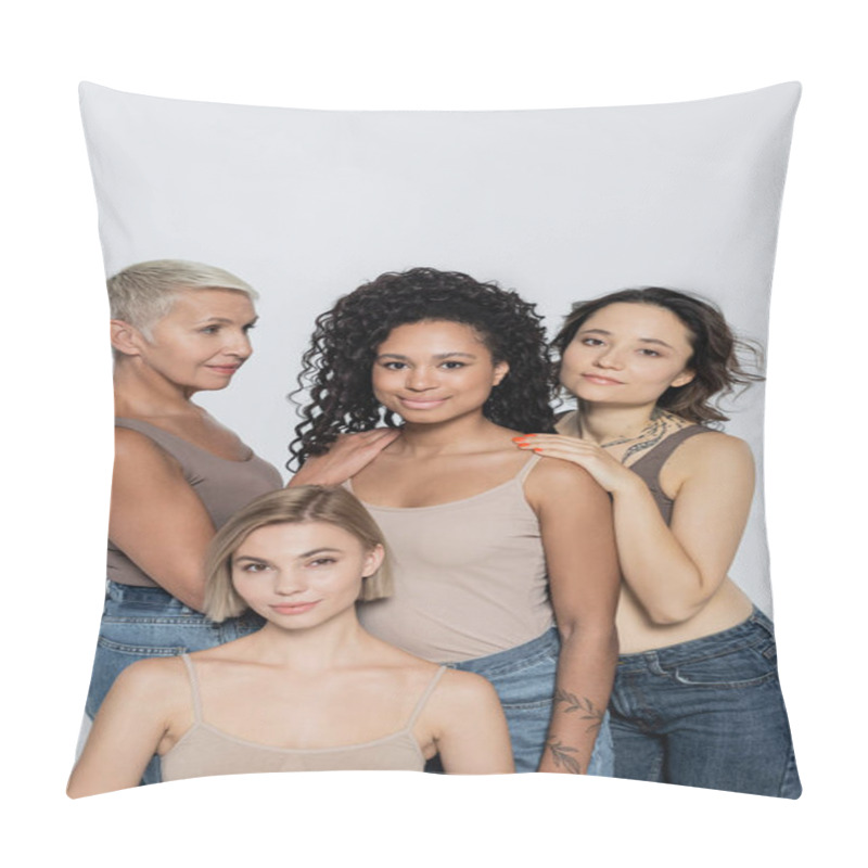 Personality  Women Touching Smiling African American Friend Isolated On Grey, Feminism Concept Pillow Covers