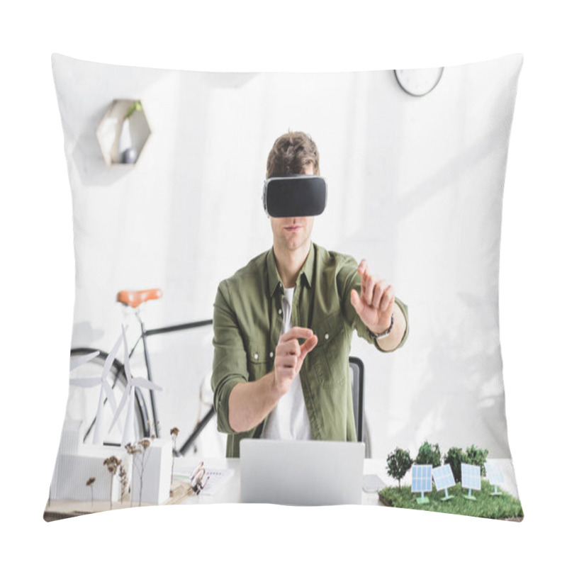 Personality  Architect In Virtual Reality Headset At Table With Laptop And Models In Office Pillow Covers