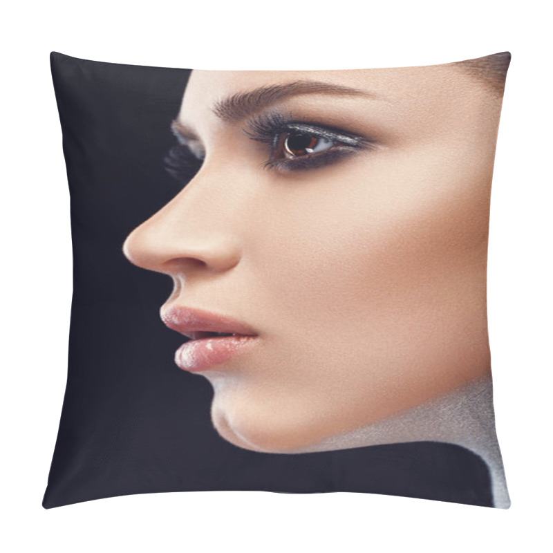 Personality  Close-up Image Of Great Beauty Art Make-up. Beauty. Beautiful Woman Face With Soft Color Lipstick. Sexy Full Lips. Portrait Of Female Model With Natural Makeup. Cosmetics Concept. Skincare Concept Pillow Covers