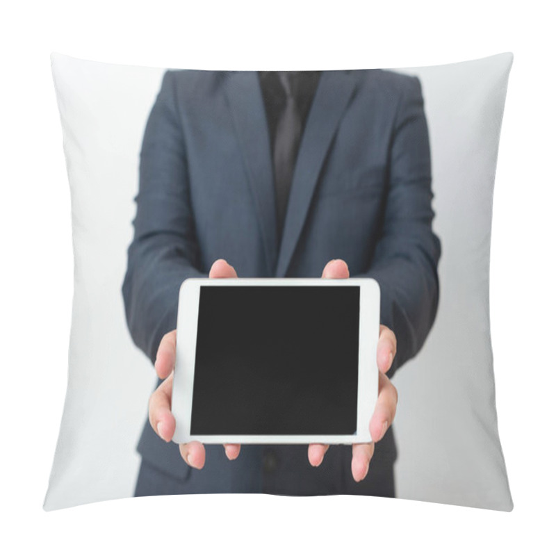 Personality  Model Wearing Bussiness Corporate Attire Illustrating Different Angle Shots Holding Empty Copy-Space Of Notebook Paper Accessories And Modern Gadget Pillow Covers