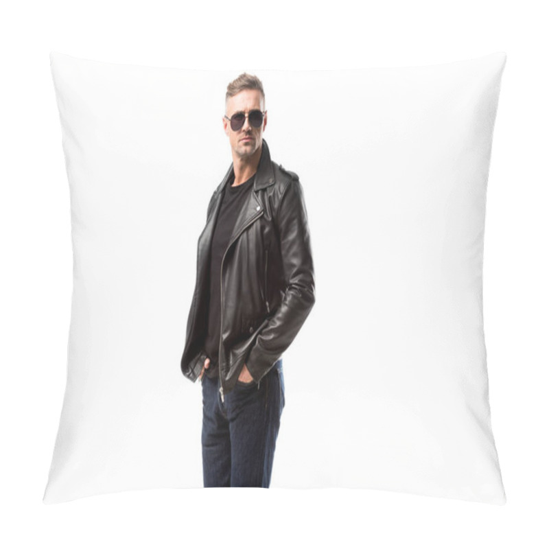 Personality  Stylish Adult Man In Leather Jacket Posing Isolated On White Pillow Covers