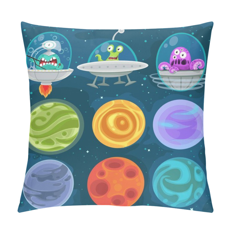 Personality  Cartoon Aliens In Spaceships, Set Of Planets In Space Background Pillow Covers