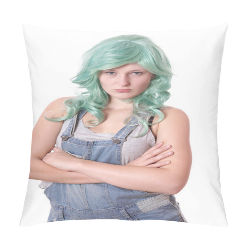 Personality  Young Woman With Green Hair Sulking Pillow Covers