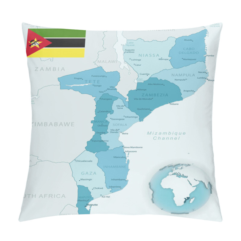 Personality  Blue-green Detailed Map Of Mozambique Administrative Divisions With Country Flag And Location On The Globe. Vector Illustration Pillow Covers