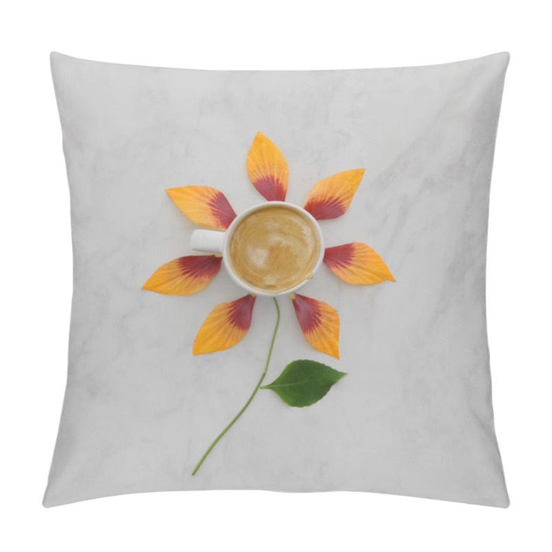 Personality  Flat Lay Of Coffee Cup With Orange Flower Petals, Leaves On Marble Background  Pillow Covers