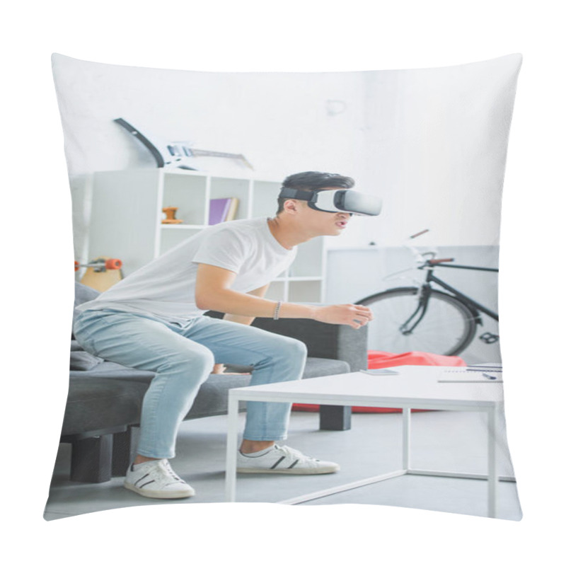 Personality  Emotional Young Asian Man Using Virtual Reality Headset At Home  Pillow Covers