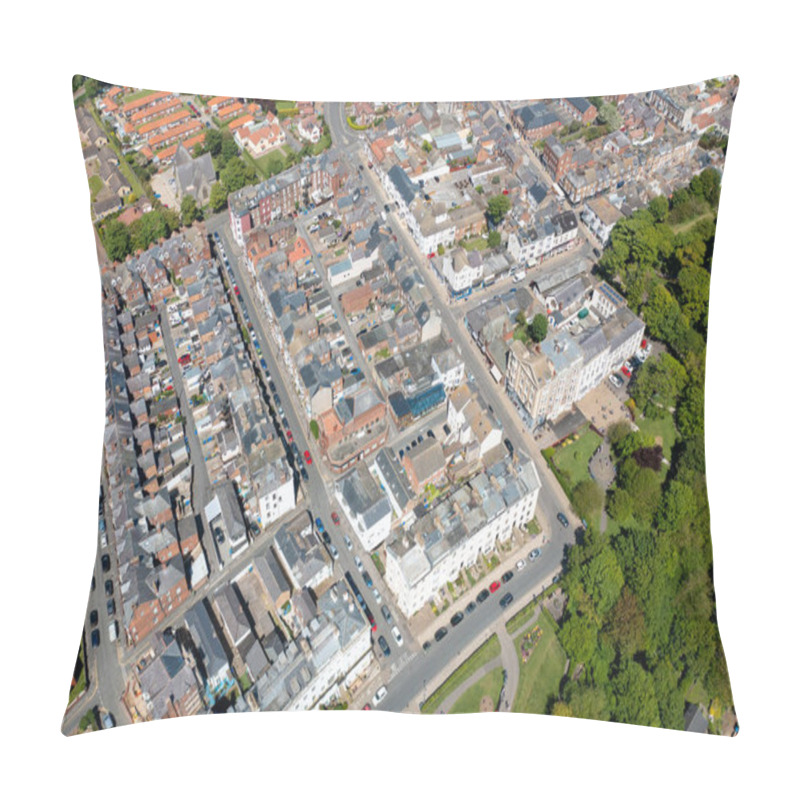 Personality  Aerial photo of the beautiful town of Filey in Yorkshire the UK, showing the sandy beach front and the residential housing estates on a sunny summers day pillow covers