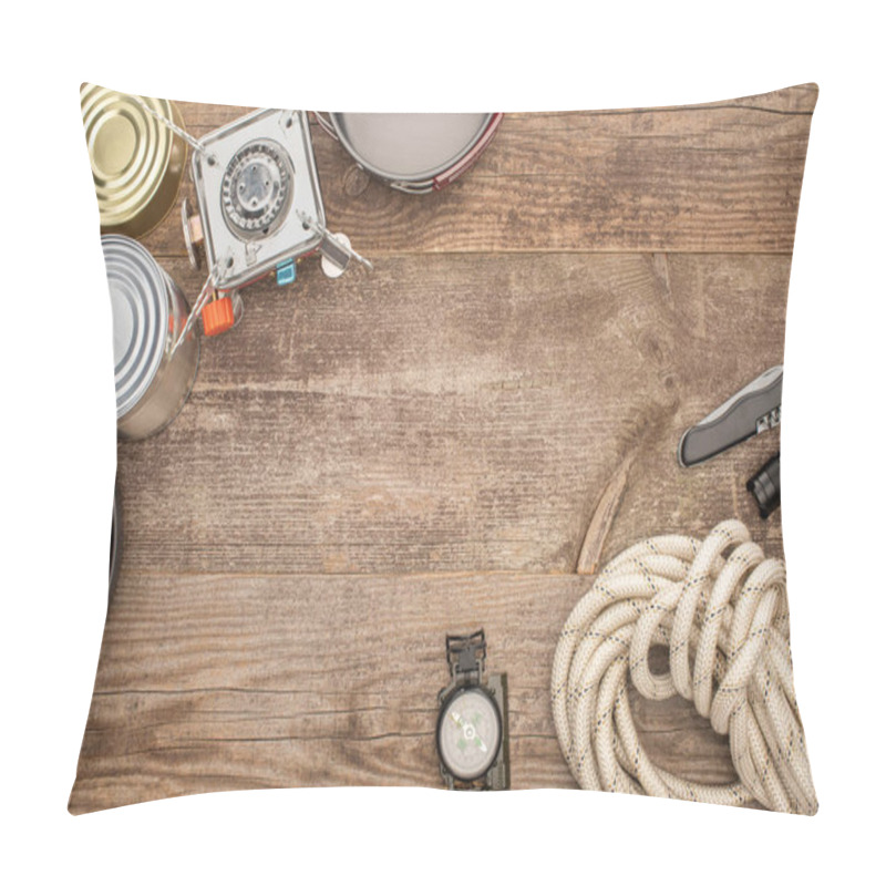 Personality  Top View Of Gas-burner, Metal Dishes, Tin Cans And Hiking Equipment On Wooden Table Pillow Covers