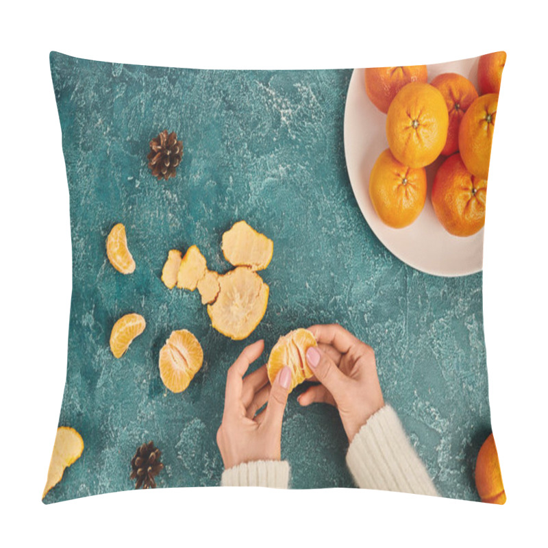 Personality  Cropped View Of Woman Peeling Juicy Tangerine Near Pine Cones Of Blue Textured Backdrop, Christmas Pillow Covers