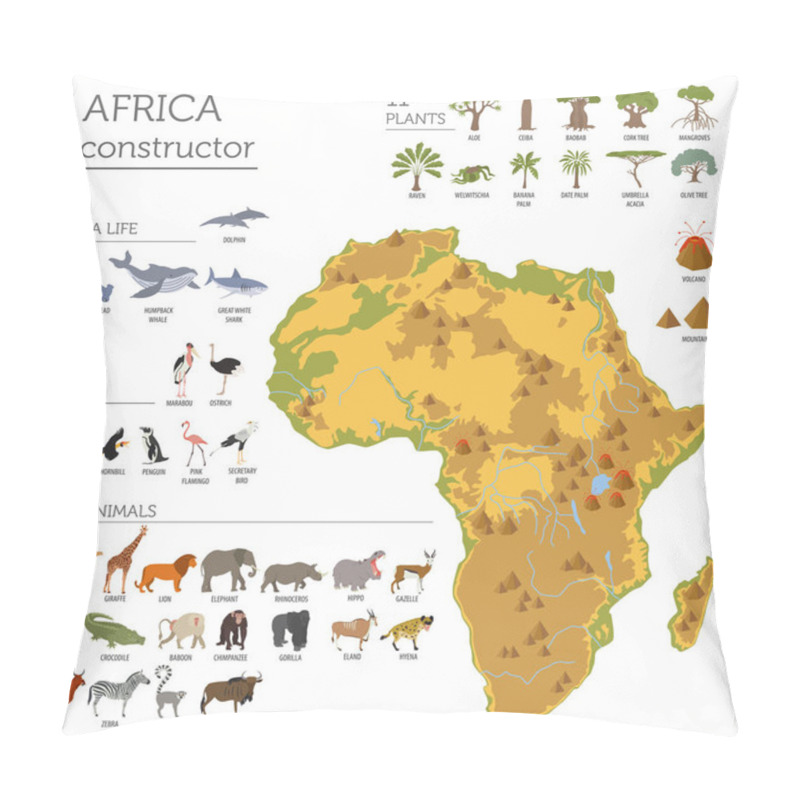 Personality  Flat Africa Flora And Fauna Map Constructor Elements. Animals, B Pillow Covers