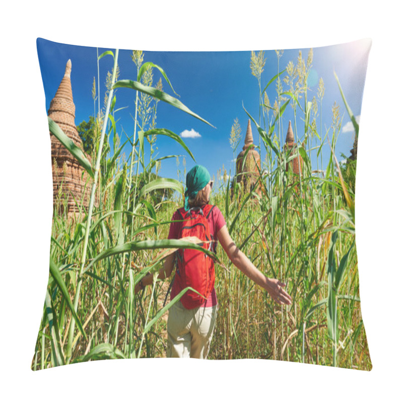 Personality  Young Woman Traveler With A Backpack Walking Through Field To Ancient Pillow Covers