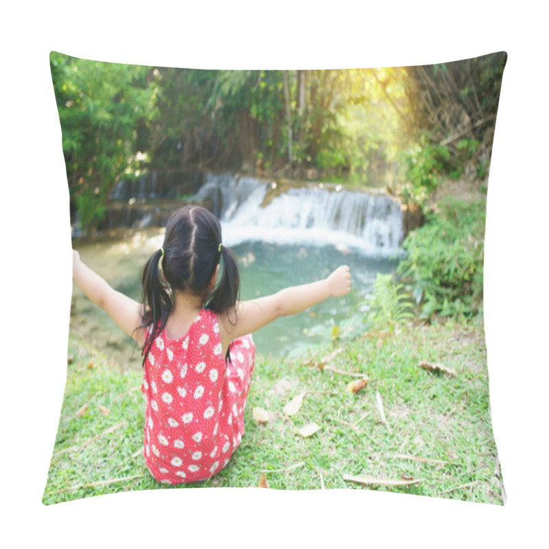 Personality  Asian Child Or Kid Girl Sit And Happy Hands Up On Nature Clear Waterfall With Green Grass And Tree In Jungle Or Forest For Holiday Relax Or Camping Picnic And Summer Travel Trip On Family Vacation Pillow Covers