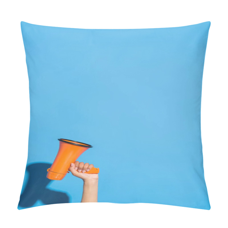 Personality  Partial View Of African American Woman With Orange Megaphone On Blue Pillow Covers