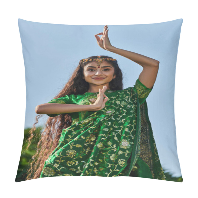 Personality  Portrait Of Stylish Young Indian Woman In Sari And Matha Patti Posing In Park With Blue Sky Pillow Covers