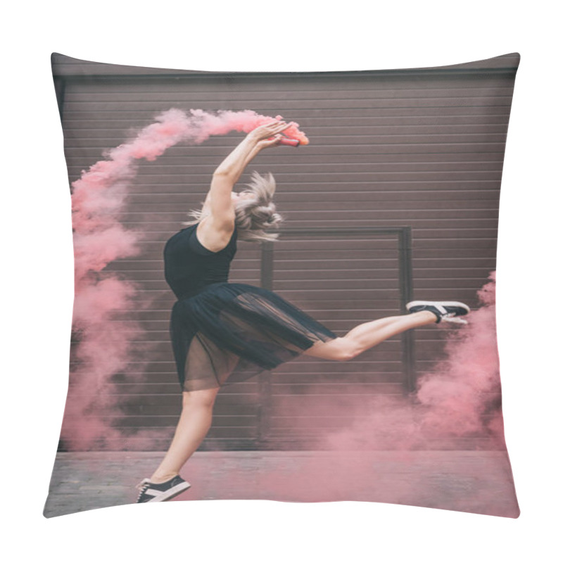 Personality  Side View Of Young Female Dancer Dancing In Pink Smoke On Street  Pillow Covers