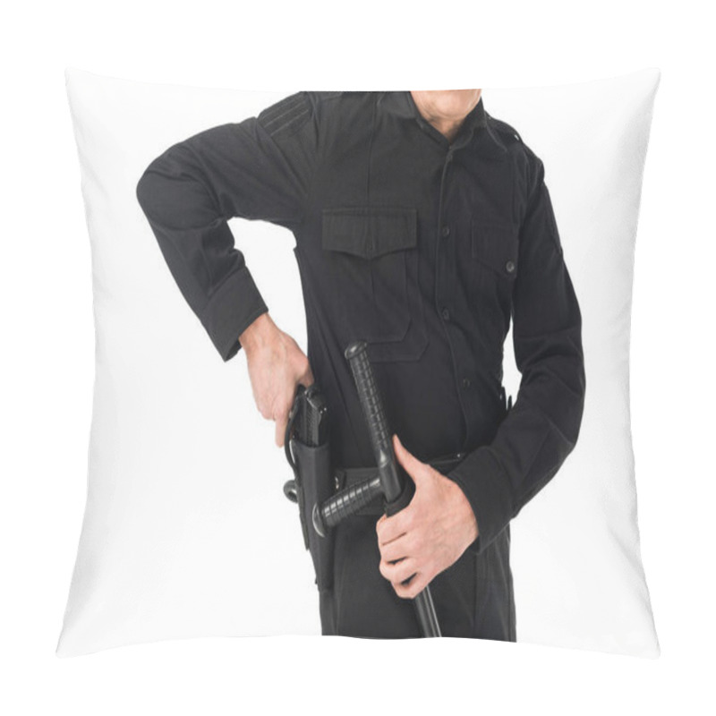 Personality  Close-up View Of Policeman In Uniform Pulling Out Gun Isolated On White Pillow Covers