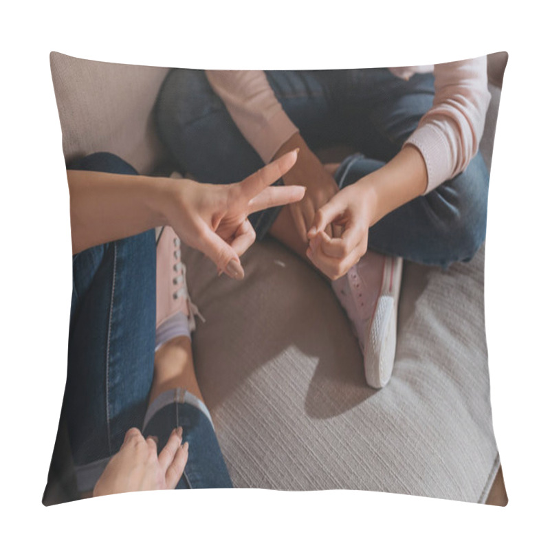 Personality  Cropped View Of Mother And Daughter Playing Rock Paper Scissors On Couch  Pillow Covers