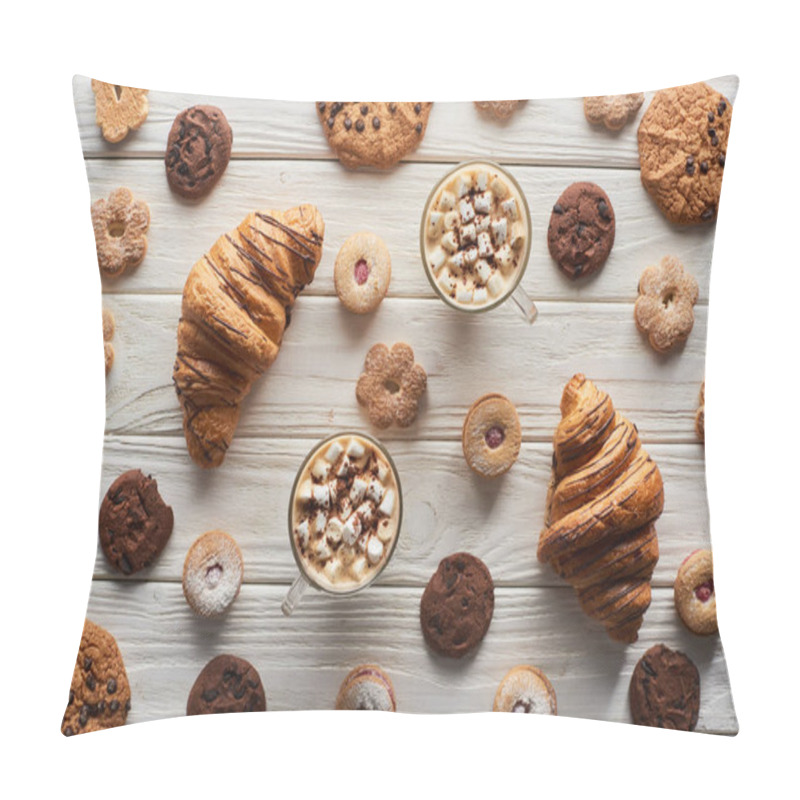 Personality  Top View Of Cacao With Marshmallow Near Cookies And Croissants On White Wooden Table Pillow Covers