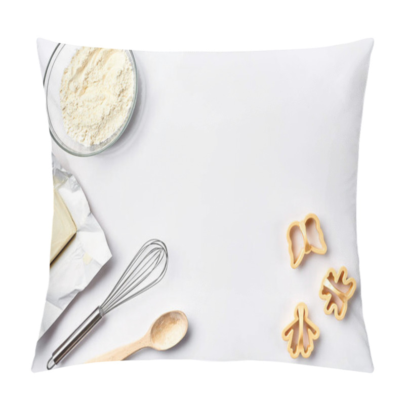 Personality  Preparation Of The Dough. Ingredients For The Dough - Flour, Butter And Various Tools. On White Background. Free Space For Text . Top View Pillow Covers