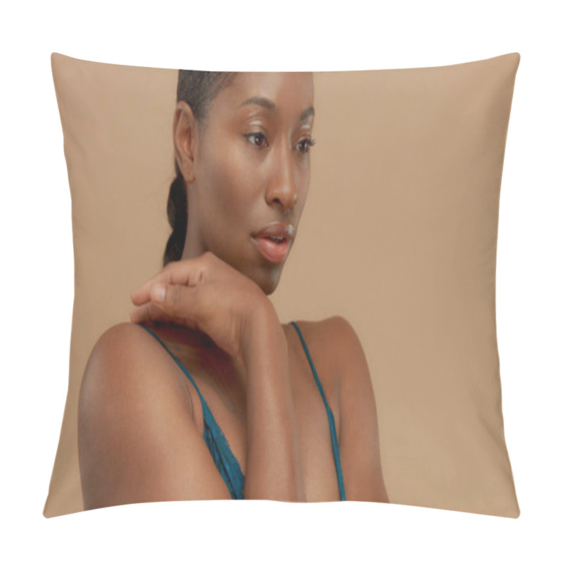 Personality  Sensual Portrait Of Black Woman On Beige Background Pillow Covers