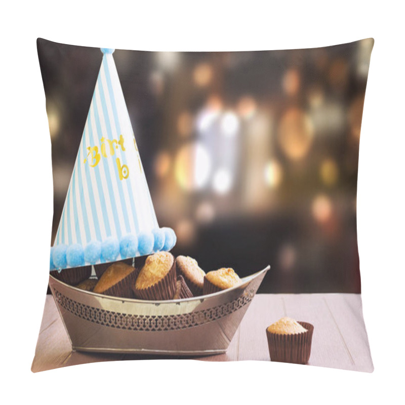 Personality  Homemade Arabic Sugar Muffins On Boat Shape Silver Plate With Blue Hat With Blurred Background, Birthday Boy Concept Pillow Covers