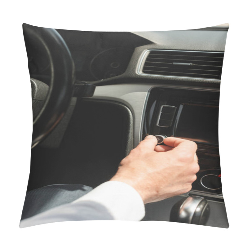 Personality  Cropped View Of Businessman Adjusting Volume Of Vehicle Audio System In Auto  Pillow Covers