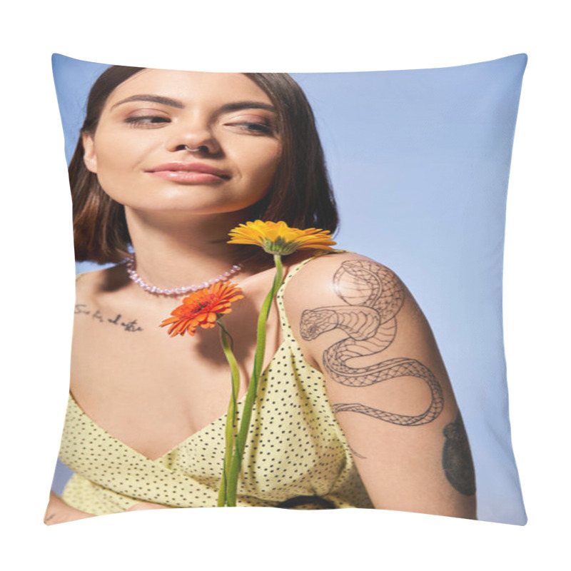 Personality  A Young Woman With Brunette Hair Dressed In A Yellow Gown, Holding A Vibrant Flower Delicately. Pillow Covers