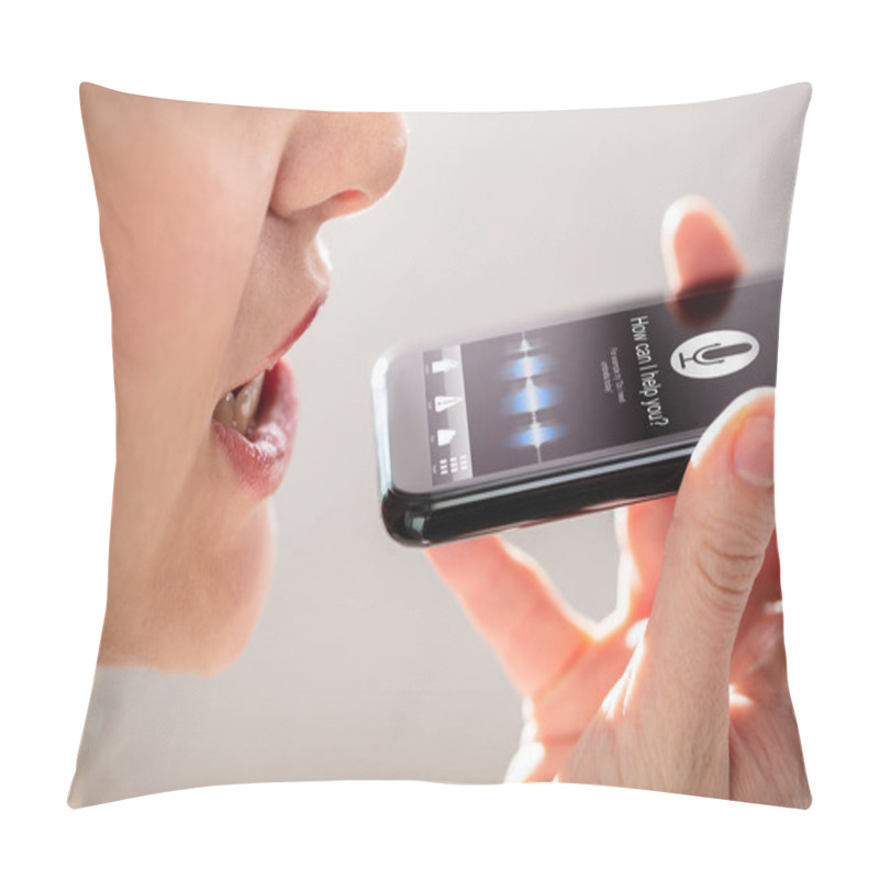 Personality  Close-up Of A Young Woman Using Voice Recognition Function On Mobile Phone Pillow Covers