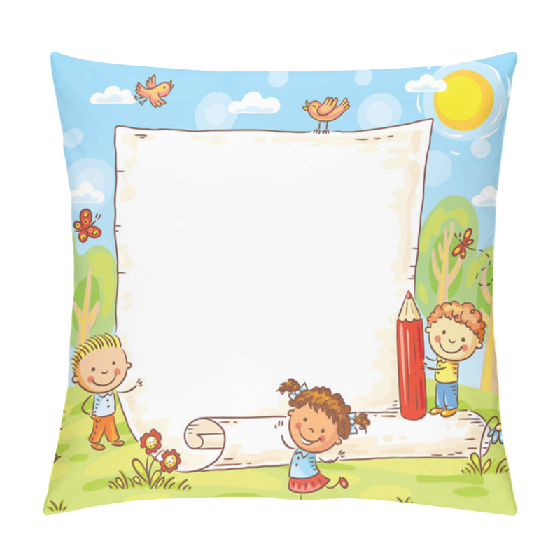 Personality  Cartoon Frame With Three Kids Outdoors Pillow Covers