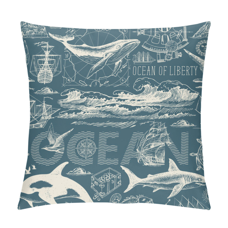 Personality  Seamless Pattern On The Theme Of Sea Travel, Adventure, Discovery. Vector Abstract Repeating Background With Hand-drawn Ocean Waves, Sailboats And Various Sea Inhabitants In Retro Style Pillow Covers