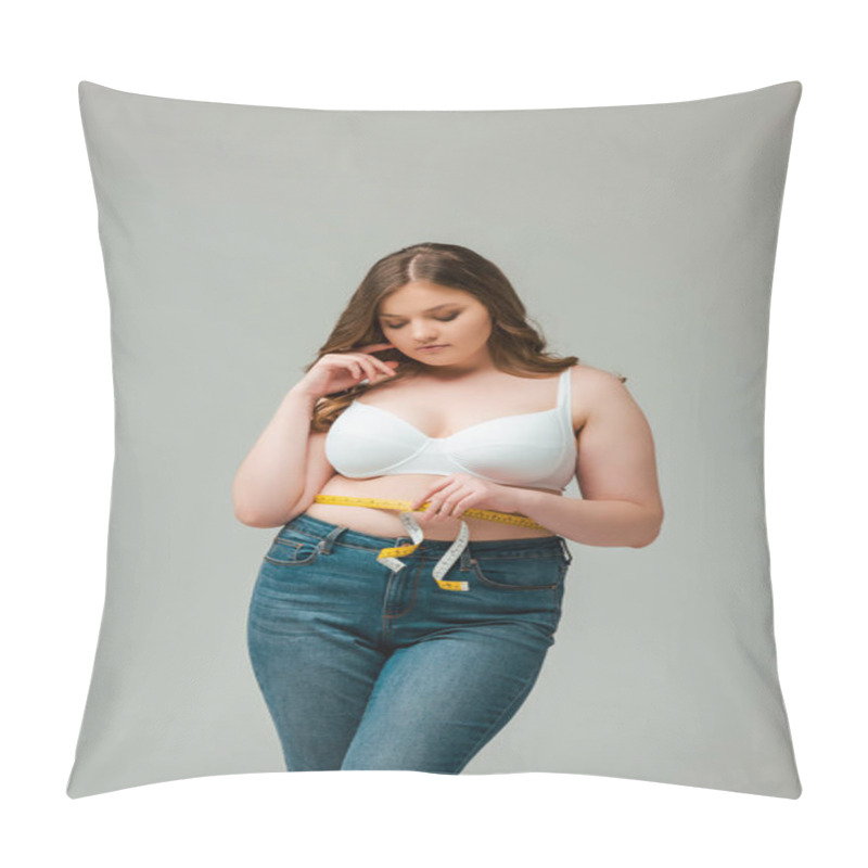 Personality  Plus Size Girl With Big Breast Measuring Waist Isolated On Grey Pillow Covers