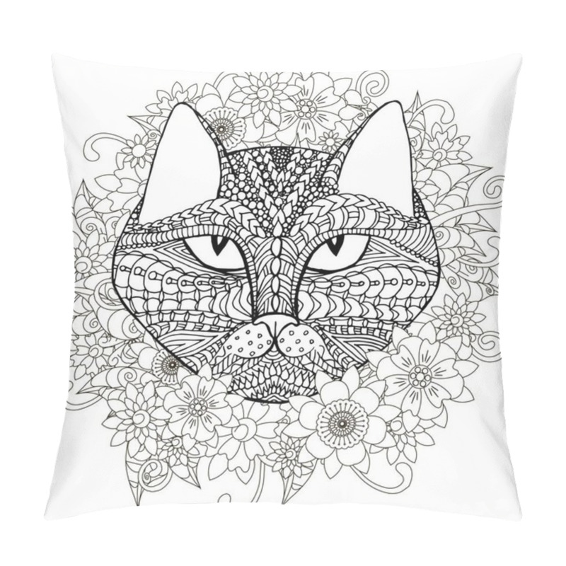 Personality  Persian Cat Doodle In Floral. Hand Drawn Art Graphic Ink Monochrome Art Design Element Stock Vector Illustration For Web, For Print, For Coloring Book Pillow Covers