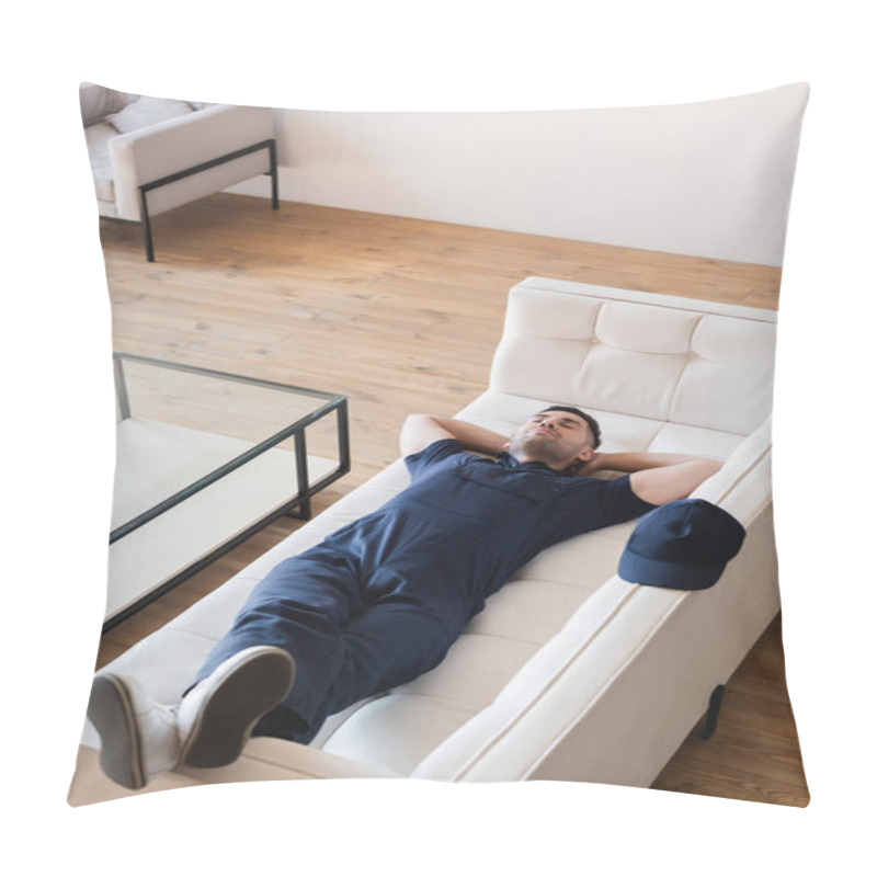 Personality  High Angle View Of Exhausted Handyman Sleeping On White Couch Pillow Covers