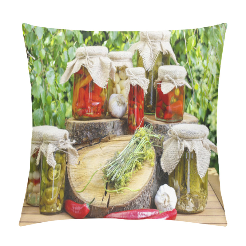 Personality  Jars Of Preserves On Wooden Table In The Garden Pillow Covers