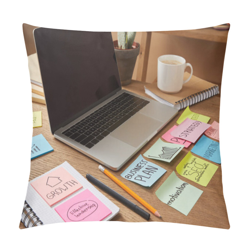 Personality  Laptop With Blank Screen And Paper Stickers With Business Plan On Tabletop Pillow Covers