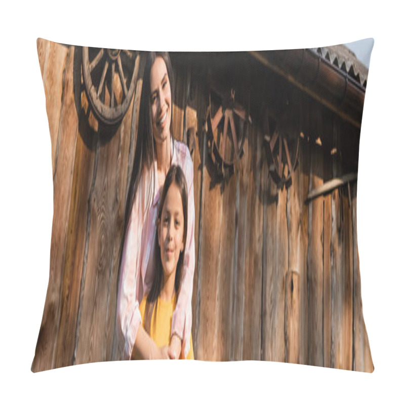 Personality  Cheerful Woman Embracing Daughter Near Wooden Barn On Farm, Banner Pillow Covers